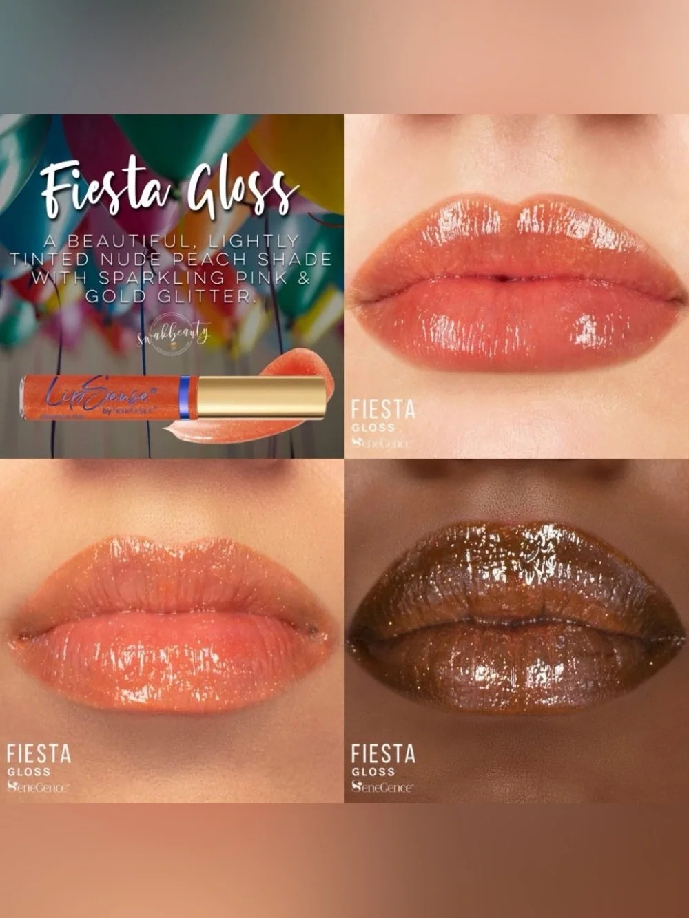 LipSense Fiesta Gloss — Nude Peach with Pink & Gold Sparkle